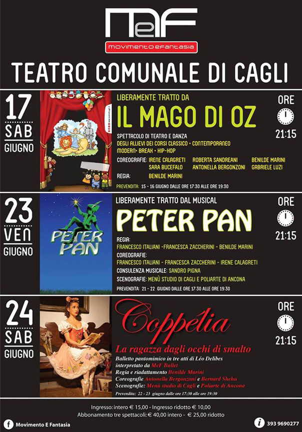 "Il mago di Oz", "Peter Pan" e "Coppelia" al Teatro di Cagli