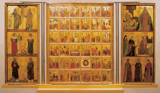 Paolo Veneziano (ca 1300-ca 1365): Triptyk fra Santa Chiara (1328-30), nå i Triestes bymuseum, Servulus er i det venstre panelet, til høyre i den midtre raden